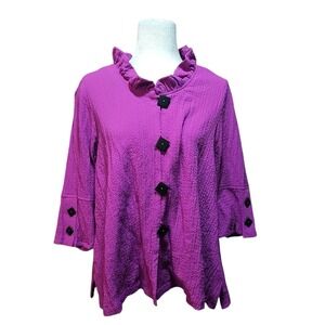 Ali Miles Purple Textured Ruffle Neck Large Button Front 3/4 Sleeve Top PL